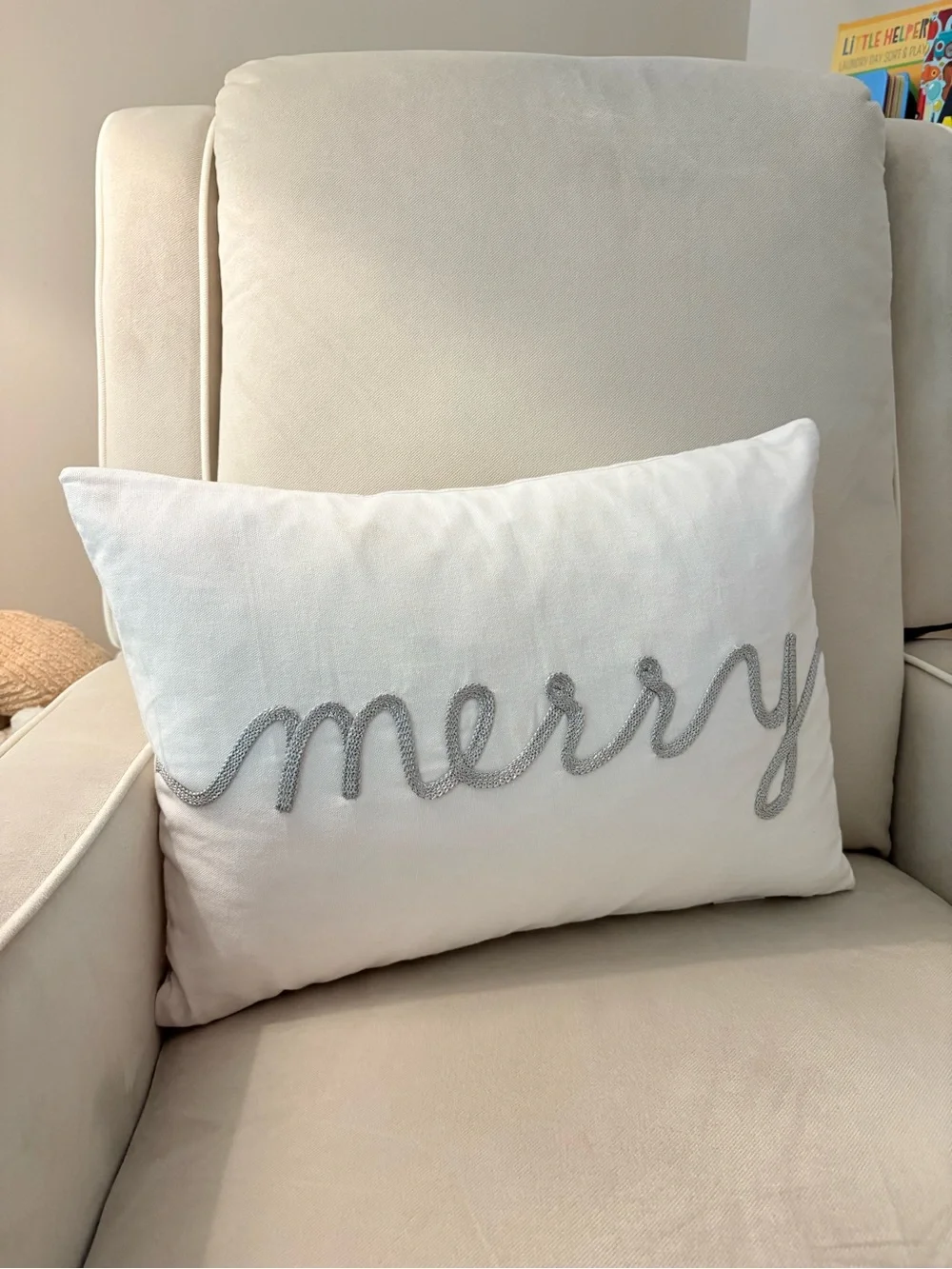 Merry Embroidered Holiday Lumbar Pillow - White